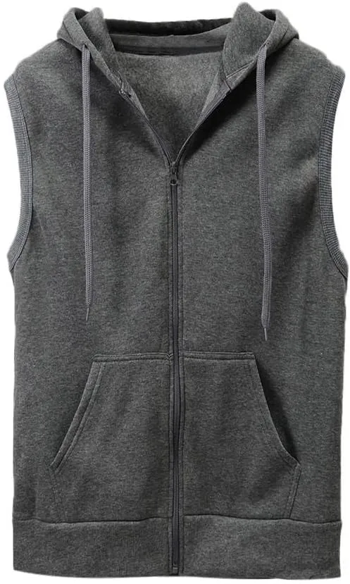 Men's Zip Up Sleeveless Hoodie Workout Cotton Fleece Cut Off Sweatshirt Pockets Drawstring Solid Sports T-Shirts
