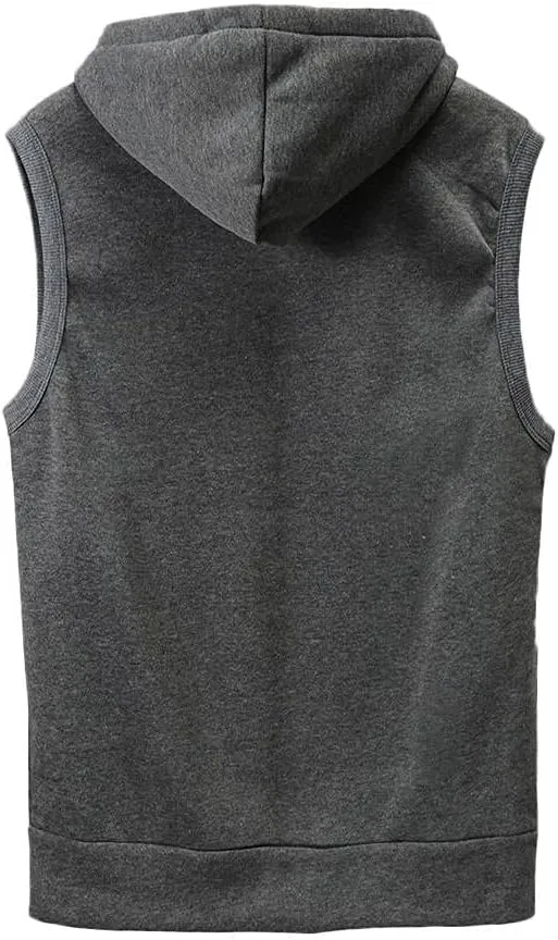 Men's Zip Up Sleeveless Hoodie Workout Cotton Fleece Cut Off Sweatshirt Pockets Drawstring Solid Sports T-Shirts