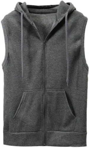 Men's Zip Up Sleeveless Hoodie Workout Cotton Fleece Cut Off Sweatshirt Pockets Drawstring Solid Sports T-Shirts