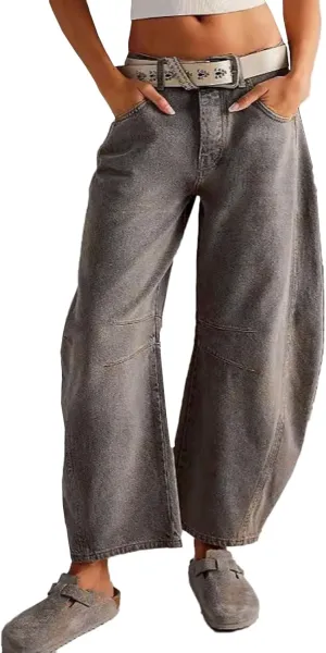 Mid Rise Barrel Jeans for Women Wide Leg Mid Waist Denim Pants Y2k Baggy Boyfriend Relax Fit Trouser Ankle Pants