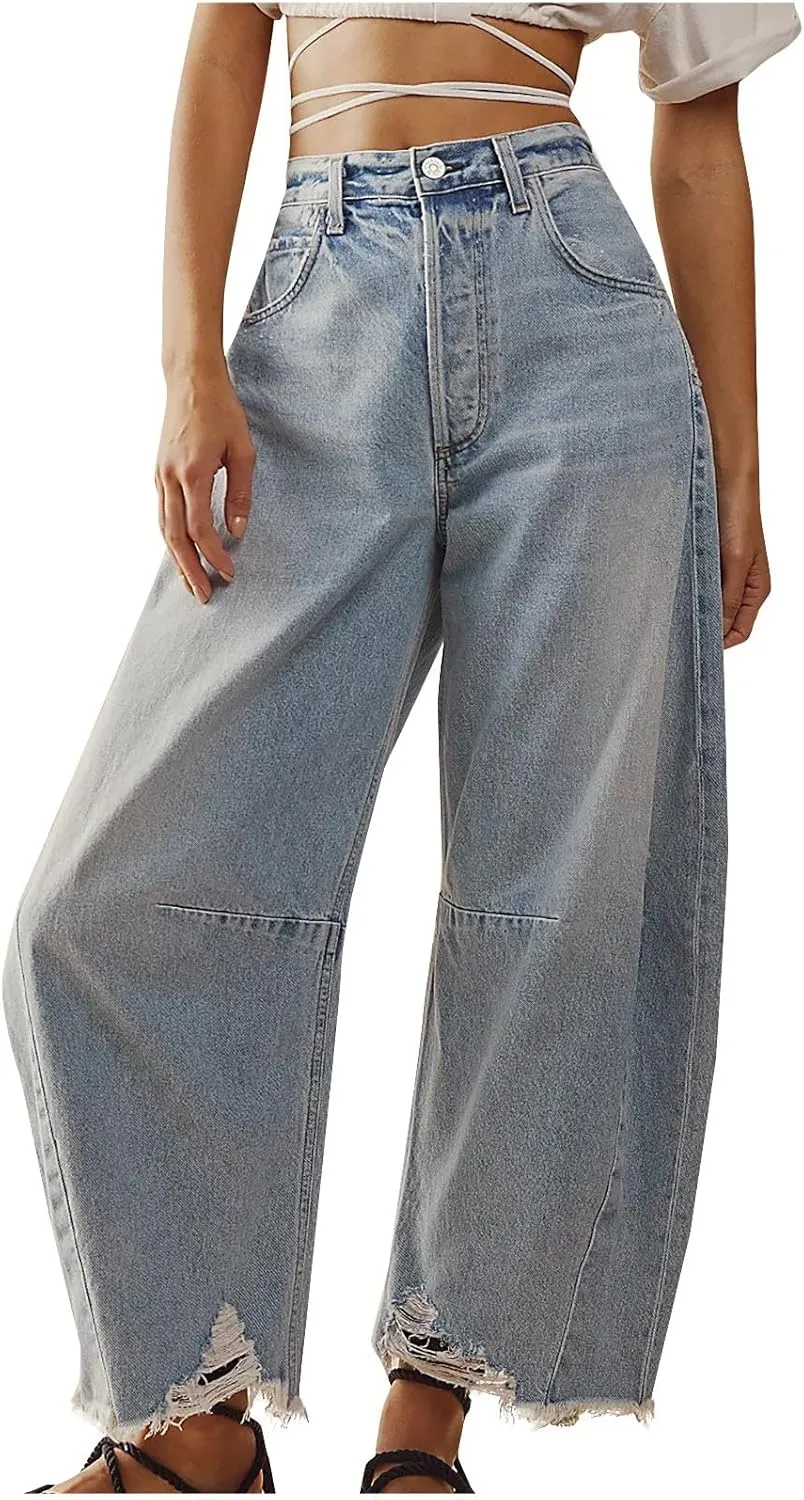 Mid Rise Barrel Jeans for Women Wide Leg Mid Waist Denim Pants Y2k Baggy Boyfriend Relax Fit Trouser Ankle Pants