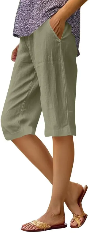 midelxp Linen Bermuda Shorts for Women High Waisted Summer-Shorts Loose Lightweight Knee Length Beach-Shorts with Pockets