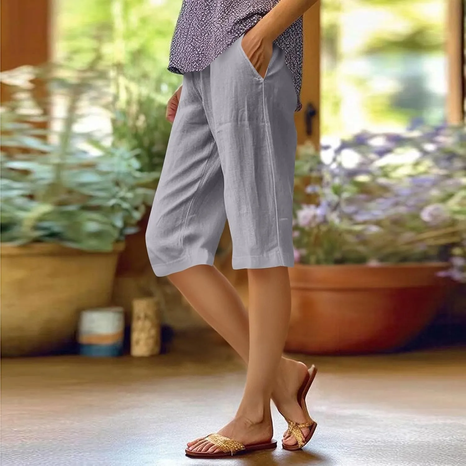 midelxp Linen Bermuda Shorts for Women High Waisted Summer-Shorts Loose Lightweight Knee Length Beach-Shorts with Pockets