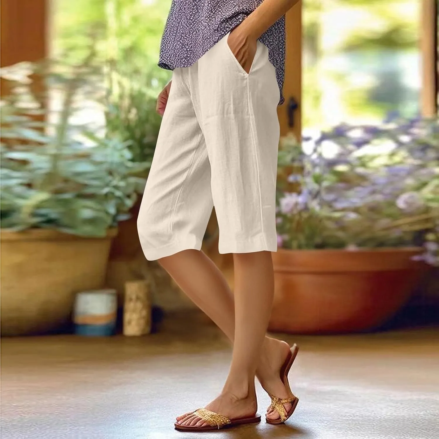 midelxp Linen Bermuda Shorts for Women High Waisted Summer-Shorts Loose Lightweight Knee Length Beach-Shorts with Pockets