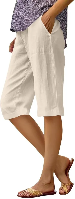 midelxp Linen Bermuda Shorts for Women High Waisted Summer-Shorts Loose Lightweight Knee Length Beach-Shorts with Pockets
