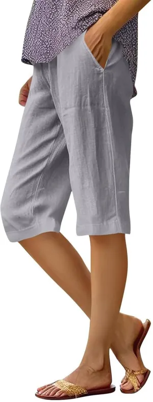 midelxp Linen Bermuda Shorts for Women High Waisted Summer-Shorts Loose Lightweight Knee Length Beach-Shorts with Pockets
