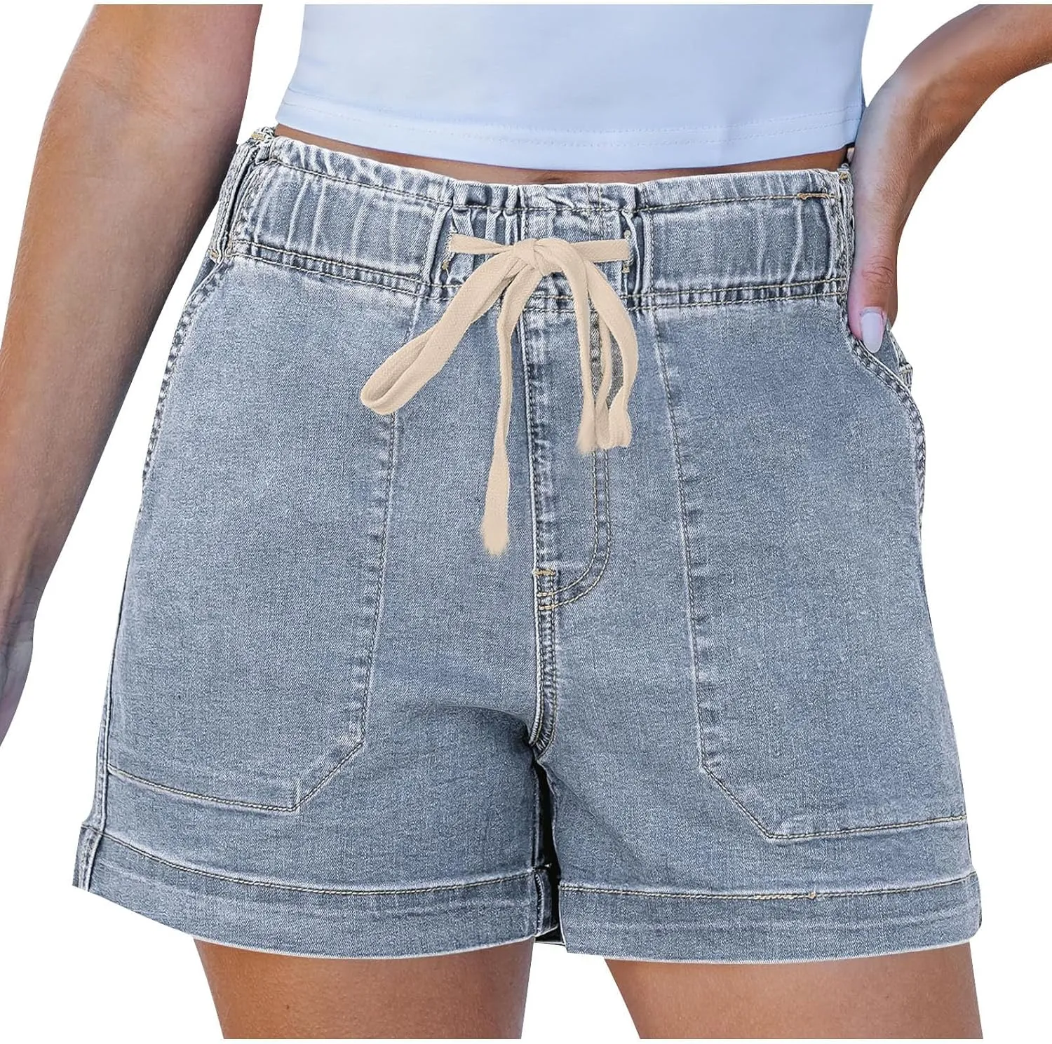 midelxp Summer Jean Shorts Womens High Waisted Denim Shorts with Pockets Casual Drawstring Baggy Jorts Beach Vacation Clothes