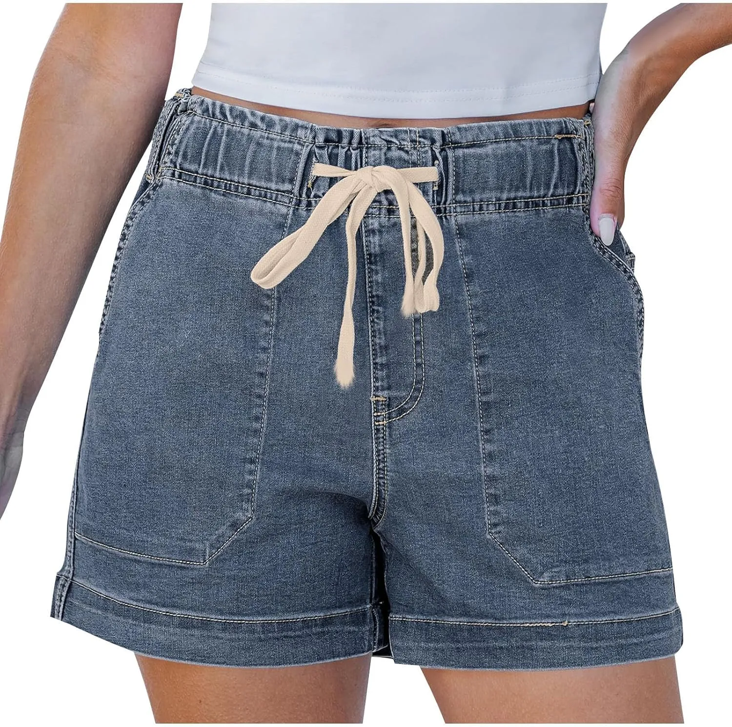 midelxp Summer Jean Shorts Womens High Waisted Denim Shorts with Pockets Casual Drawstring Baggy Jorts Beach Vacation Clothes