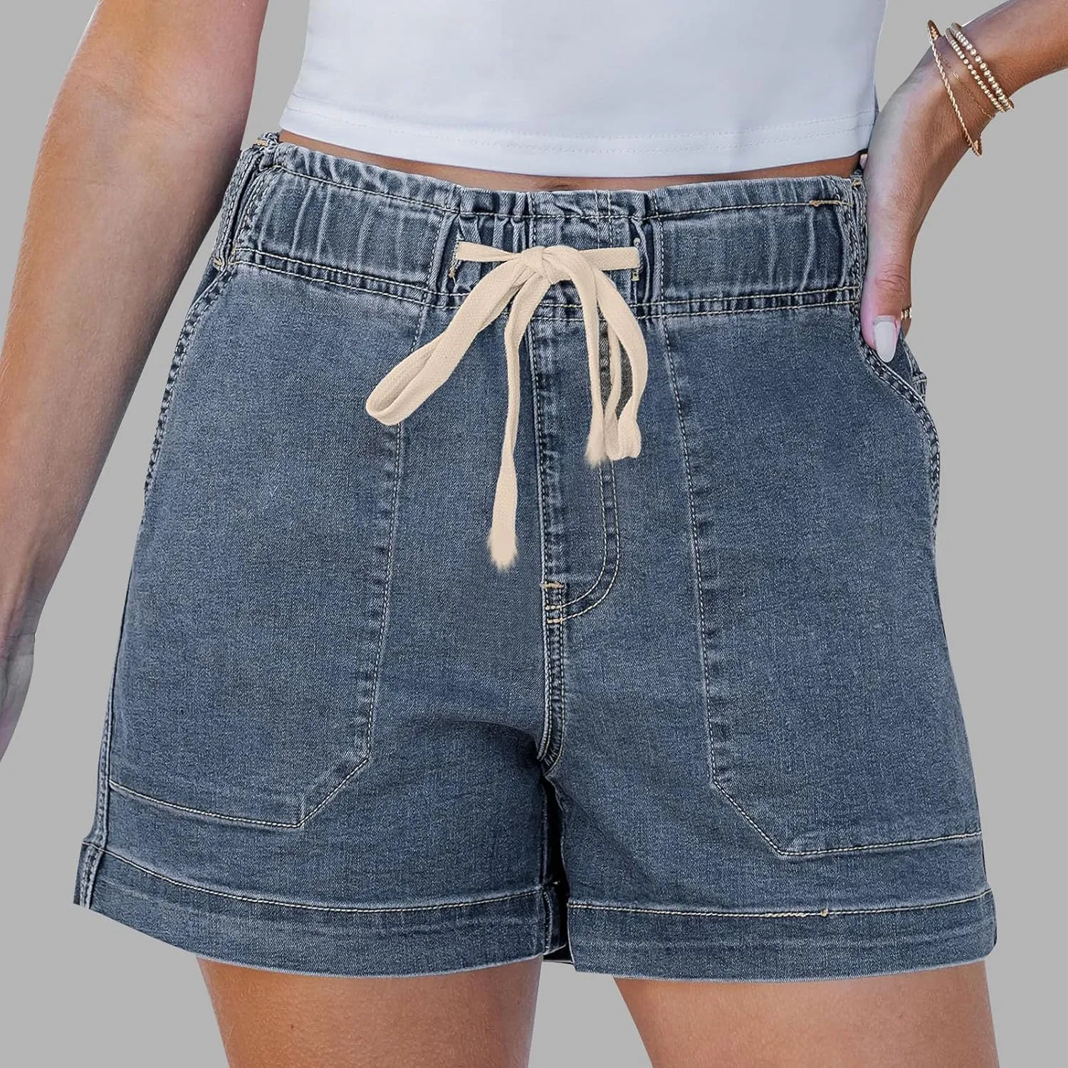 midelxp Summer Jean Shorts Womens High Waisted Denim Shorts with Pockets Casual Drawstring Baggy Jorts Beach Vacation Clothes
