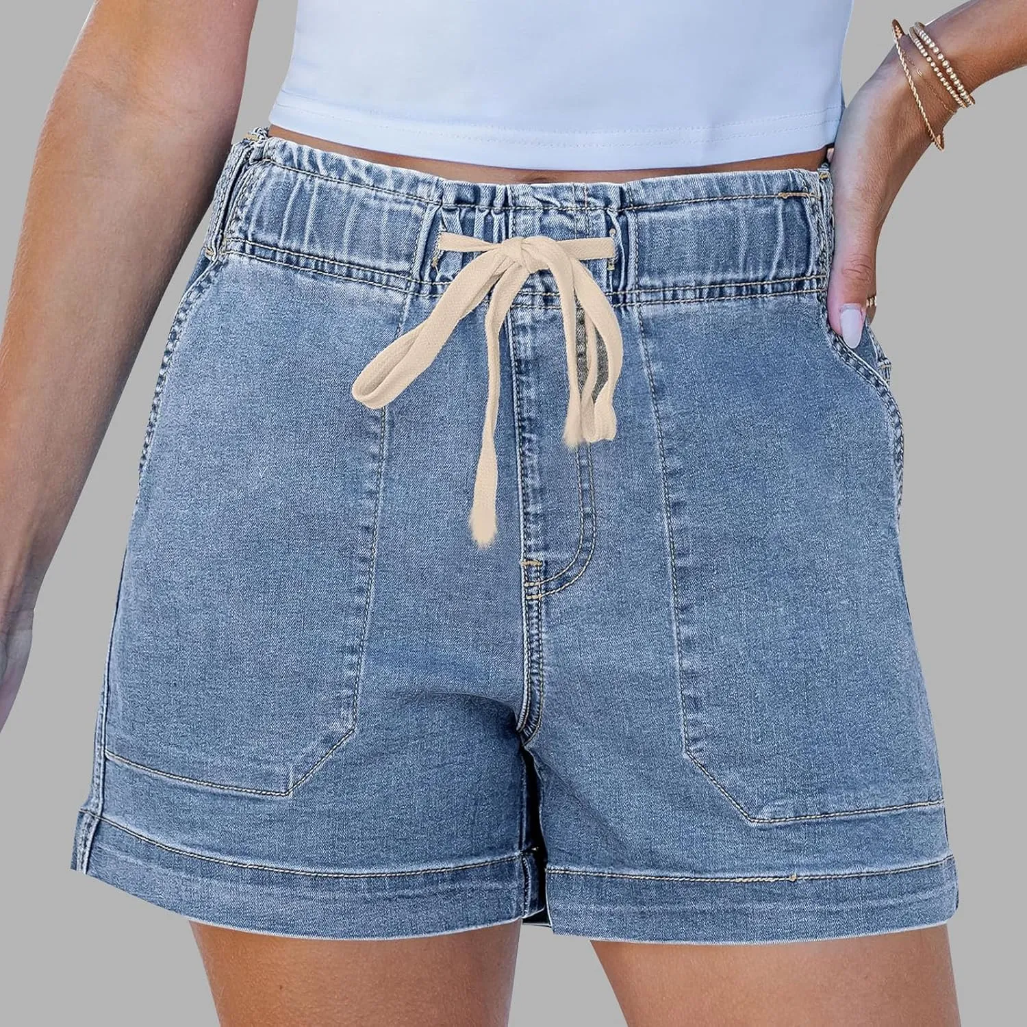 midelxp Summer Jean Shorts Womens High Waisted Denim Shorts with Pockets Casual Drawstring Baggy Jorts Beach Vacation Clothes