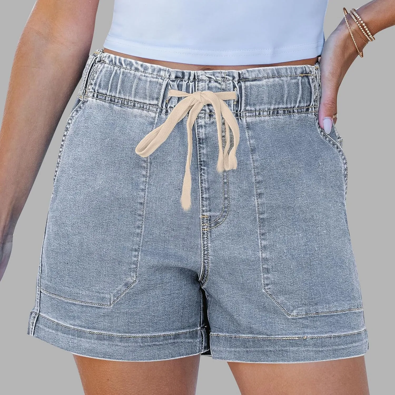 midelxp Summer Jean Shorts Womens High Waisted Denim Shorts with Pockets Casual Drawstring Baggy Jorts Beach Vacation Clothes