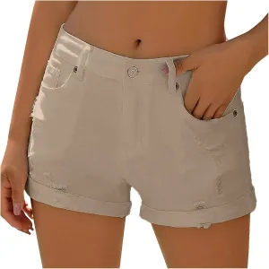 niuwa Summer Denim Shorts for Women Ripped Denim Shorts High Waisted Rolled Hem Short Jeans (Khaki, S)