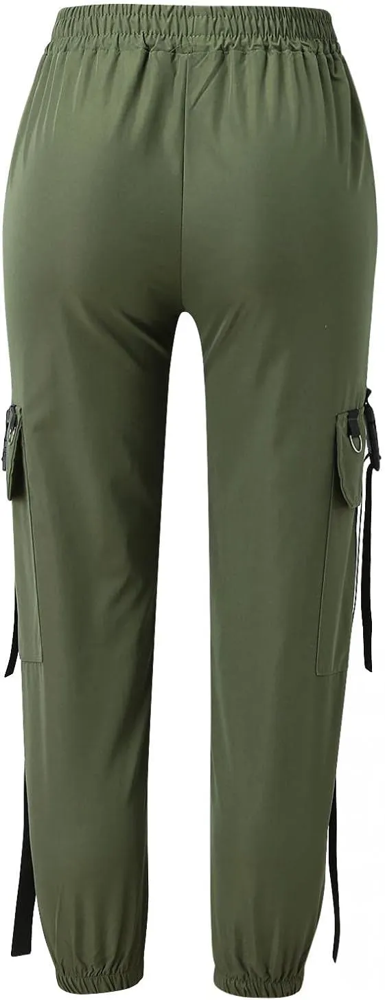 NREALY Women Cargo Pants Black Zipper Multi-Pocket Casual Fashion Cargo Pants