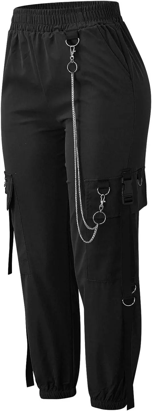 NREALY Women Cargo Pants Black Zipper Multi-Pocket Casual Fashion Cargo Pants