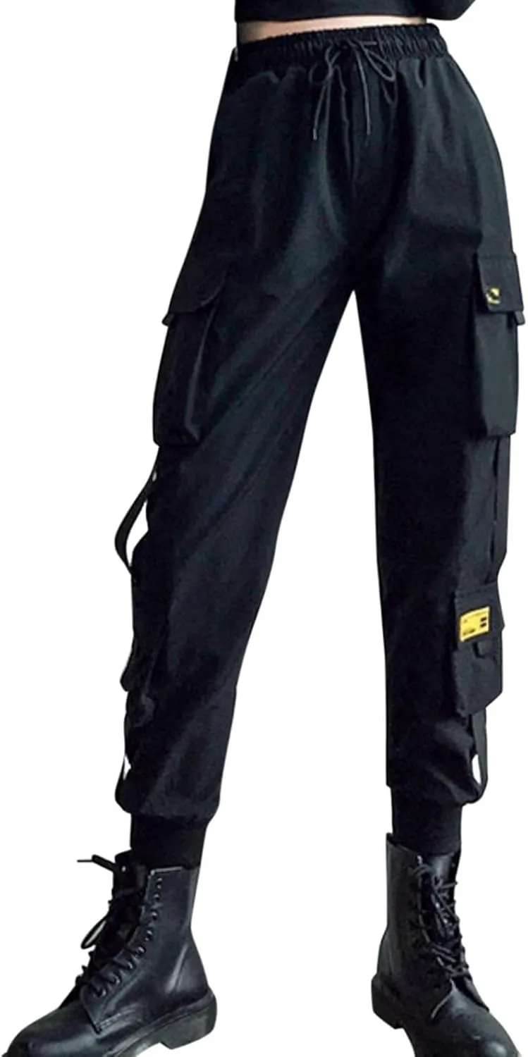 NREALY Women Cargo Pants Black Zipper Multi-Pocket Casual Fashion Cargo Pants