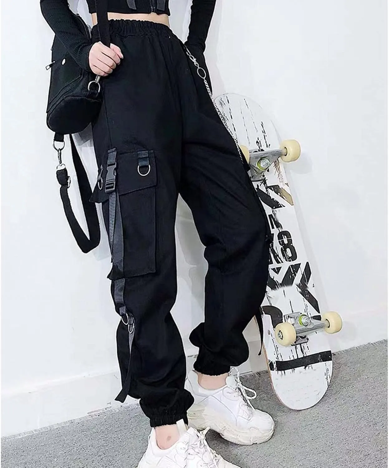 NREALY Women Cargo Pants Black Zipper Multi-Pocket Casual Fashion Cargo Pants