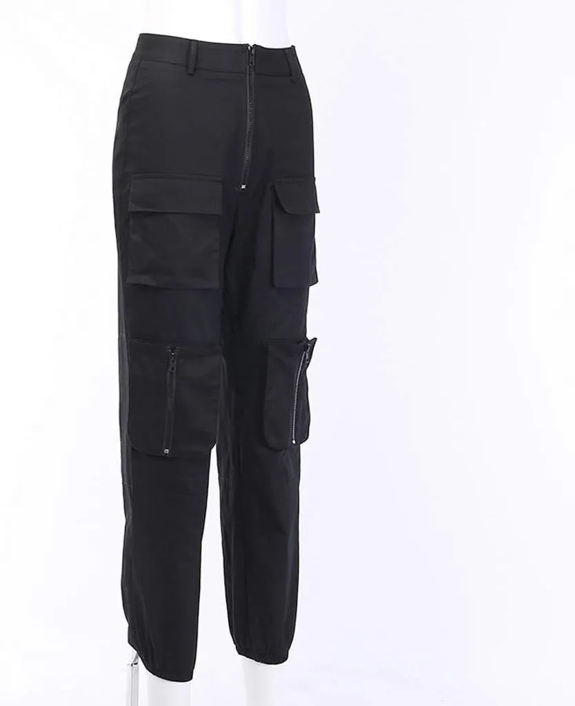 NREALY Women Cargo Pants Black Zipper Multi-Pocket Casual Fashion Cargo Pants