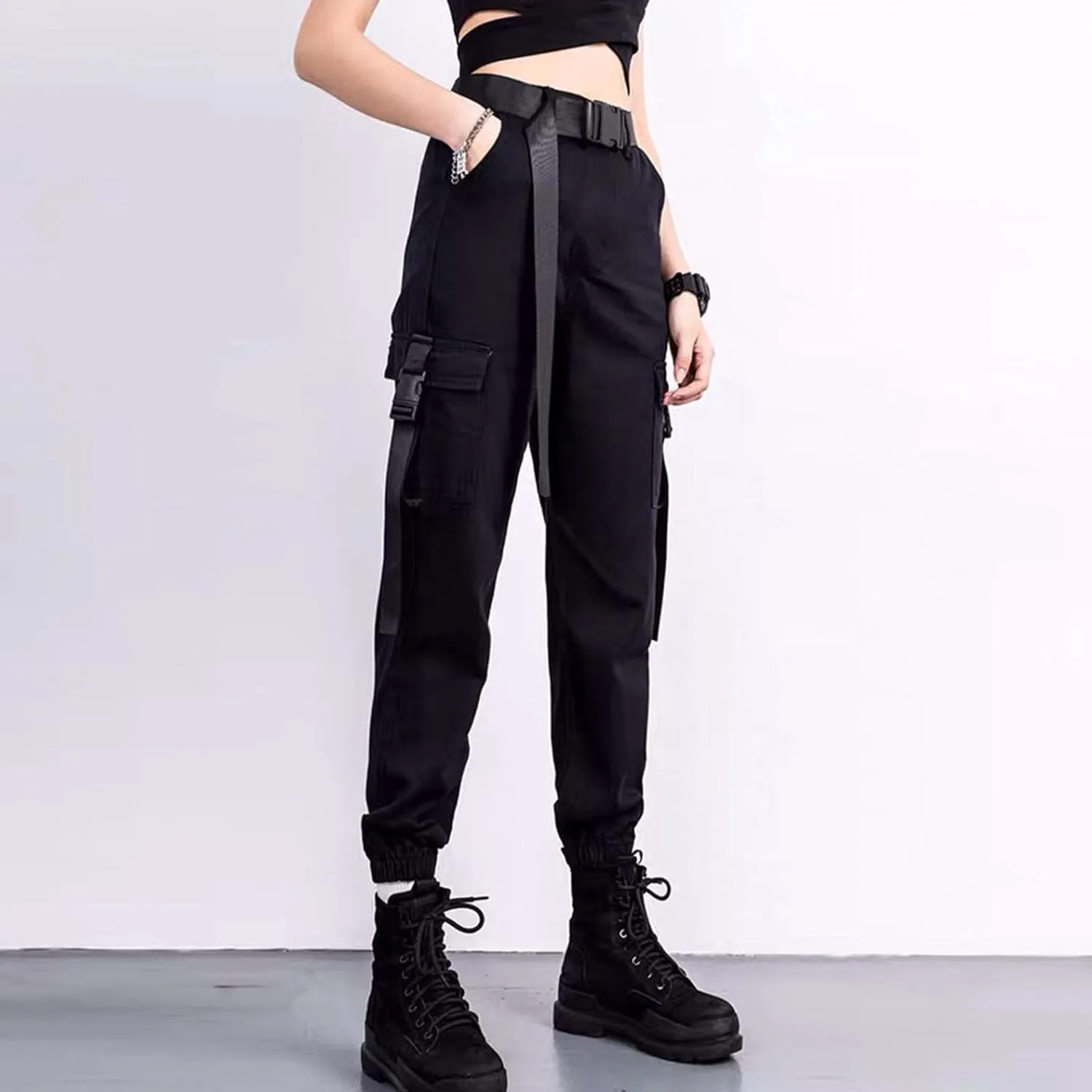 NREALY Women Cargo Pants Black Zipper Multi-Pocket Casual Fashion Cargo Pants