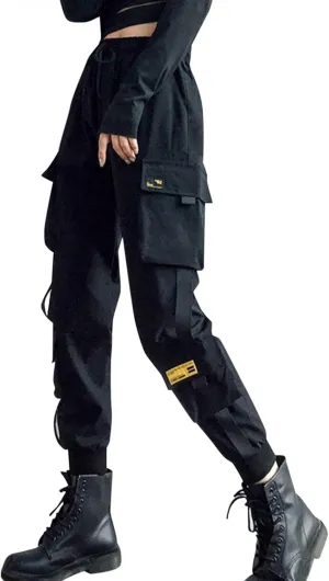 NREALY Women Cargo Pants Black Zipper Multi-Pocket Casual Fashion Cargo Pants