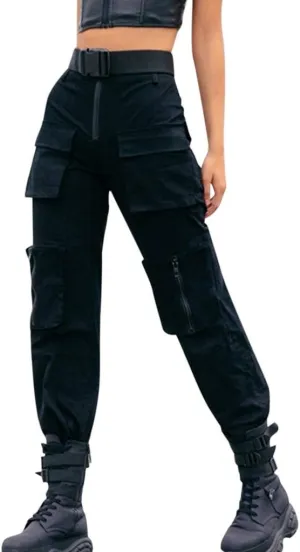 NREALY Women Cargo Pants Black Zipper Multi-Pocket Casual Fashion Cargo Pants