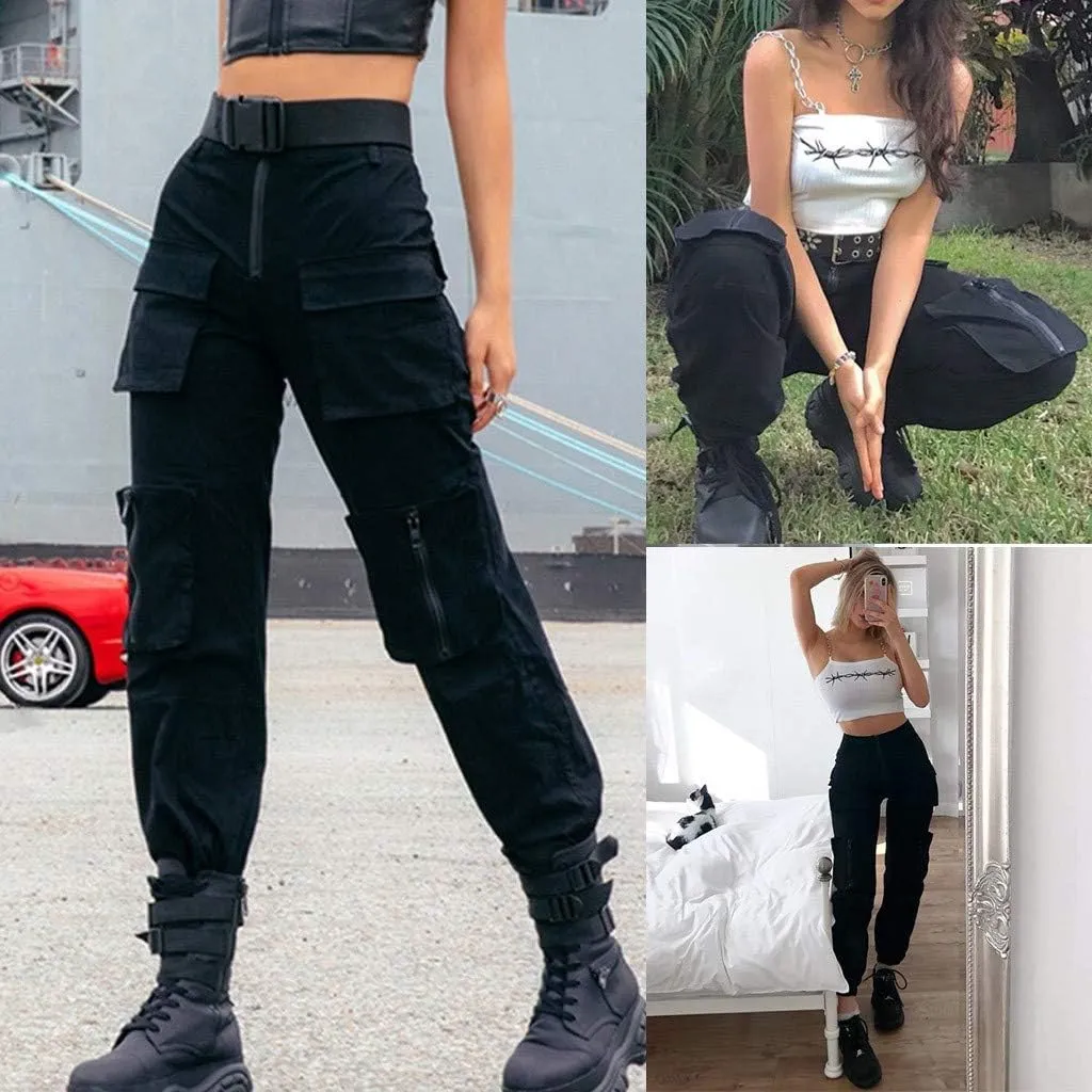 NREALY Women Cargo Pants Black Zipper Multi-Pocket Casual Fashion Cargo Pants