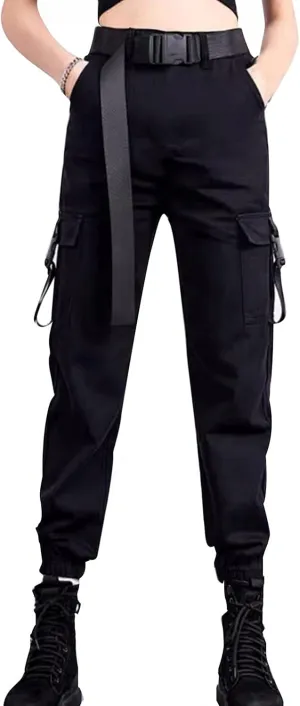 NREALY Women Cargo Pants Black Zipper Multi-Pocket Casual Fashion Cargo Pants