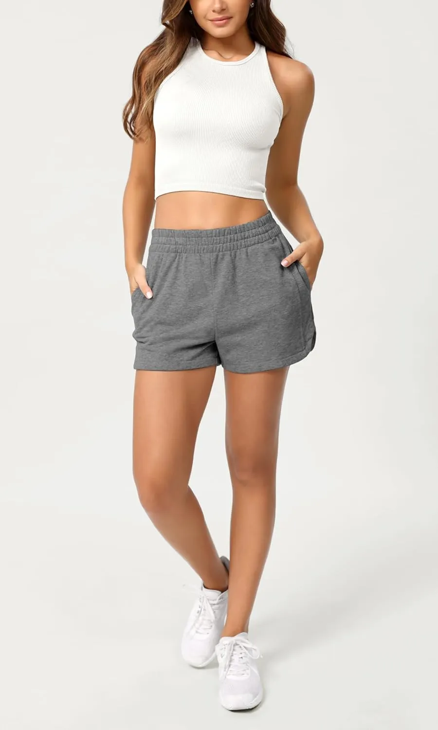 ODODOS Women's Sweat Shorts Cotton French Terry Curved Hem Workout Casual Relaxed Lounge Shorts with Pockets