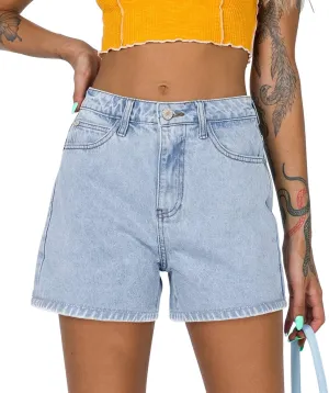 onlypuff Women's Ripped Mid Waisted Denim Shorts with Pockets