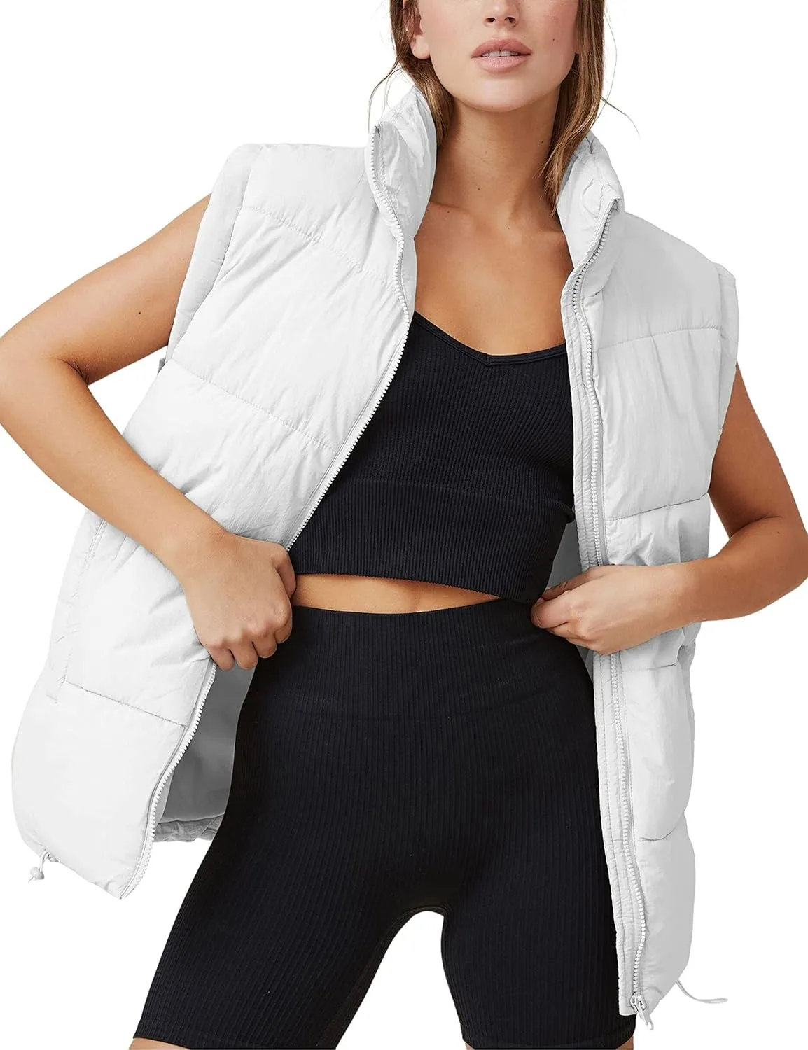 Oversized Long Puffer Vest Women Winter Sleeveless Lightweight Puffy Vests Puffer Jacket Coats Outerwear Down Vest