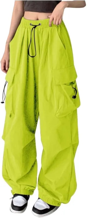 Parachute Pants Woman Elastic High Waisted Wide Leg Pants Y2k Hip Hop Lightweight Cargo Work Pants with Pockets