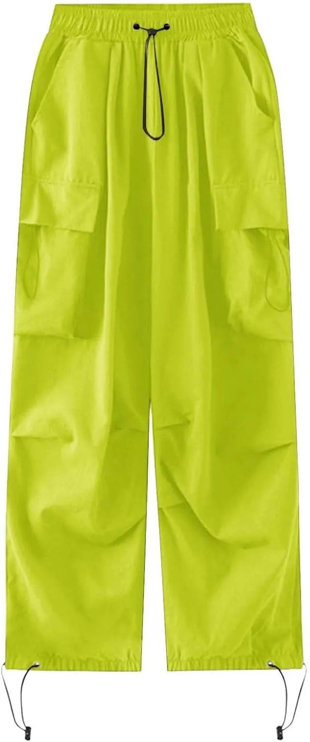 Parachute Pants Woman Elastic High Waisted Wide Leg Pants Y2k Hip Hop Lightweight Cargo Work Pants with Pockets