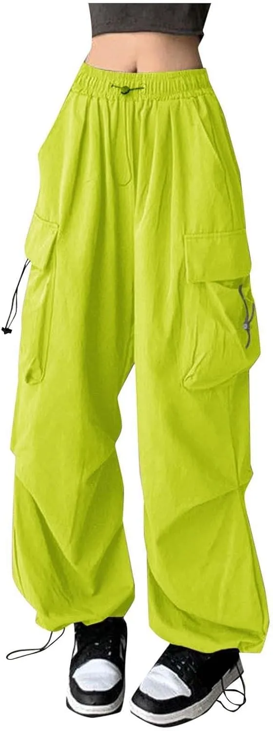 Parachute Pants Woman Elastic High Waisted Wide Leg Pants Y2k Hip Hop Lightweight Cargo Work Pants with Pockets