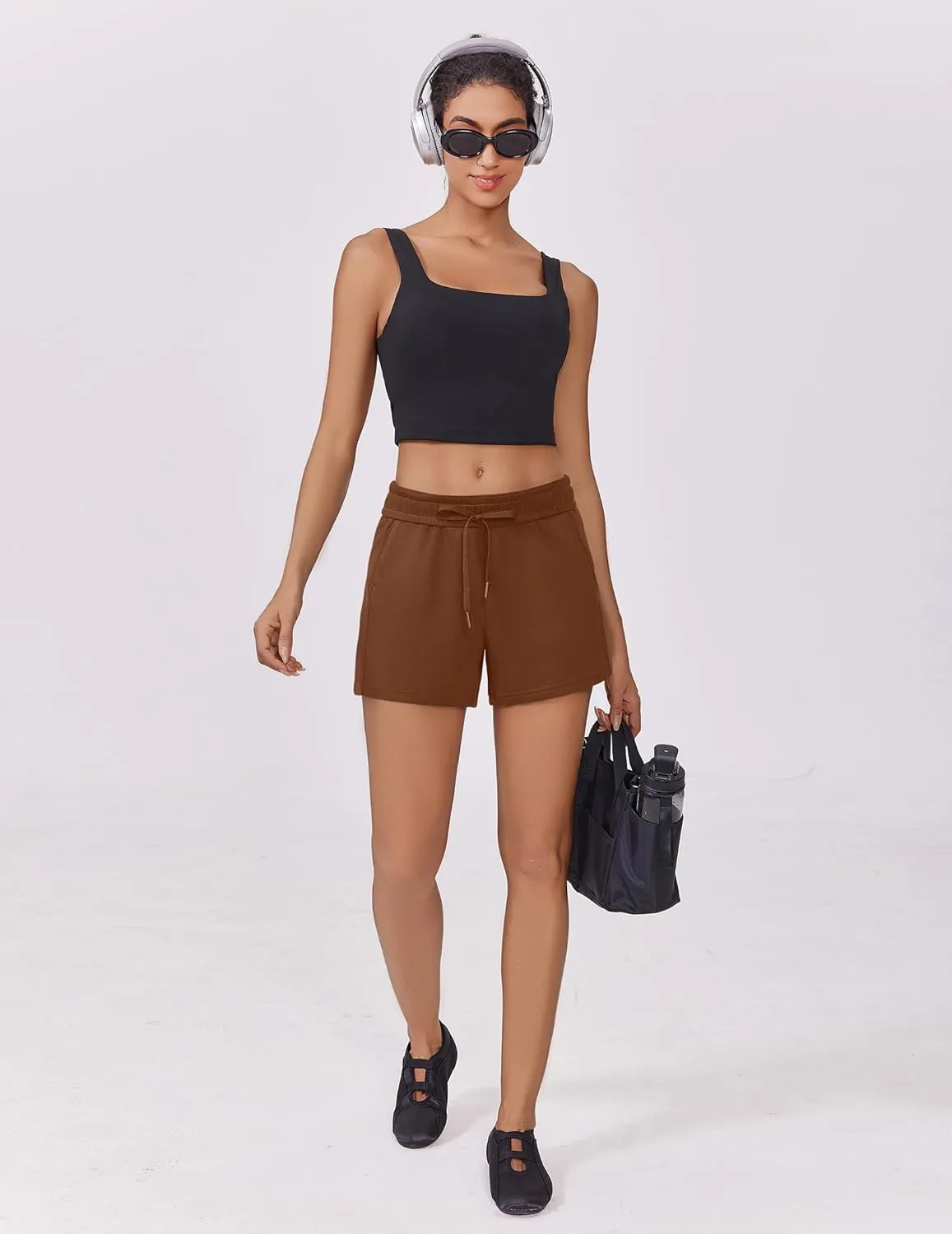 PINSPARK Athletic Sweat Shorts Women Elastic High Waisted Comfy Short Drawstring Casual Lounge Shorts with Pockets