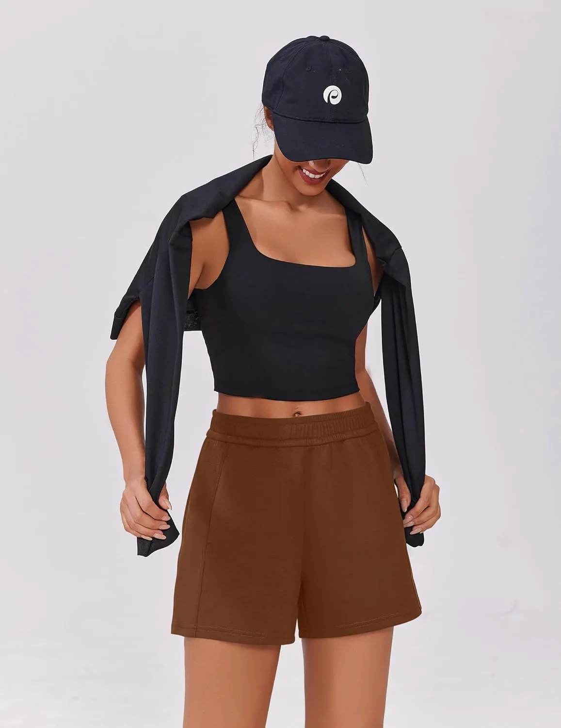 PINSPARK Athletic Sweat Shorts Women Elastic High Waisted Comfy Short Drawstring Casual Lounge Shorts with Pockets