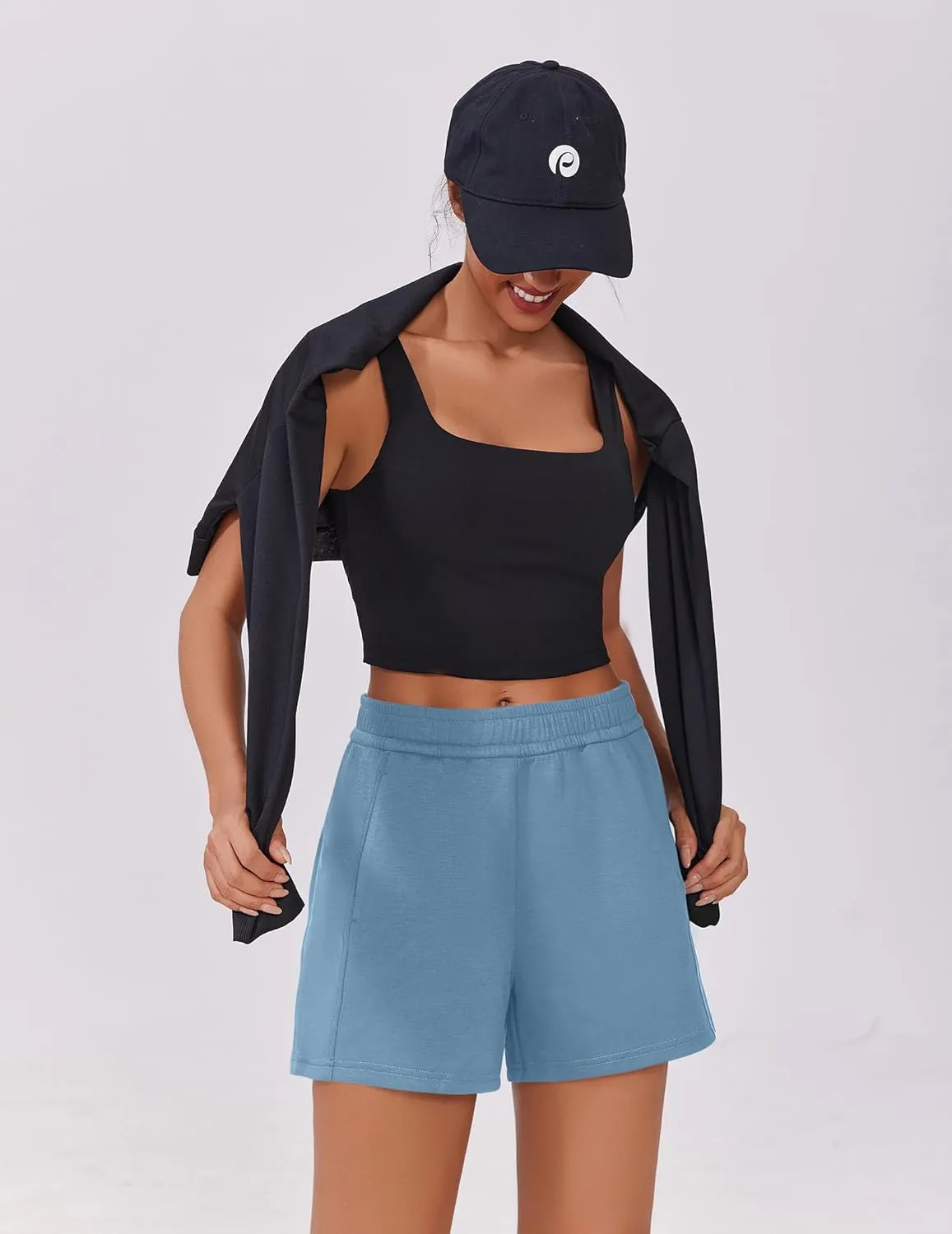 PINSPARK Athletic Sweat Shorts Women Elastic High Waisted Comfy Short Drawstring Casual Lounge Shorts with Pockets