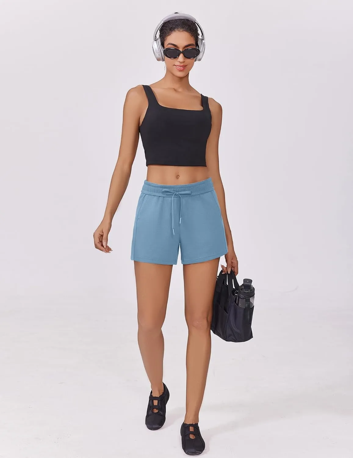 PINSPARK Athletic Sweat Shorts Women Elastic High Waisted Comfy Short Drawstring Casual Lounge Shorts with Pockets