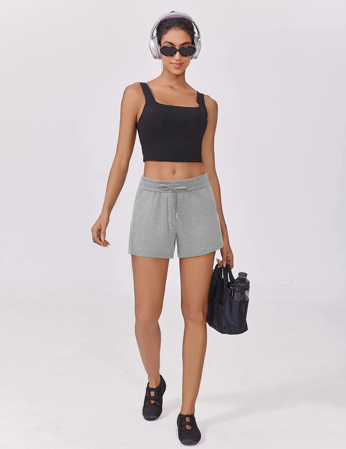 PINSPARK Athletic Sweat Shorts Women Elastic High Waisted Comfy Short Drawstring Casual Lounge Shorts with Pockets