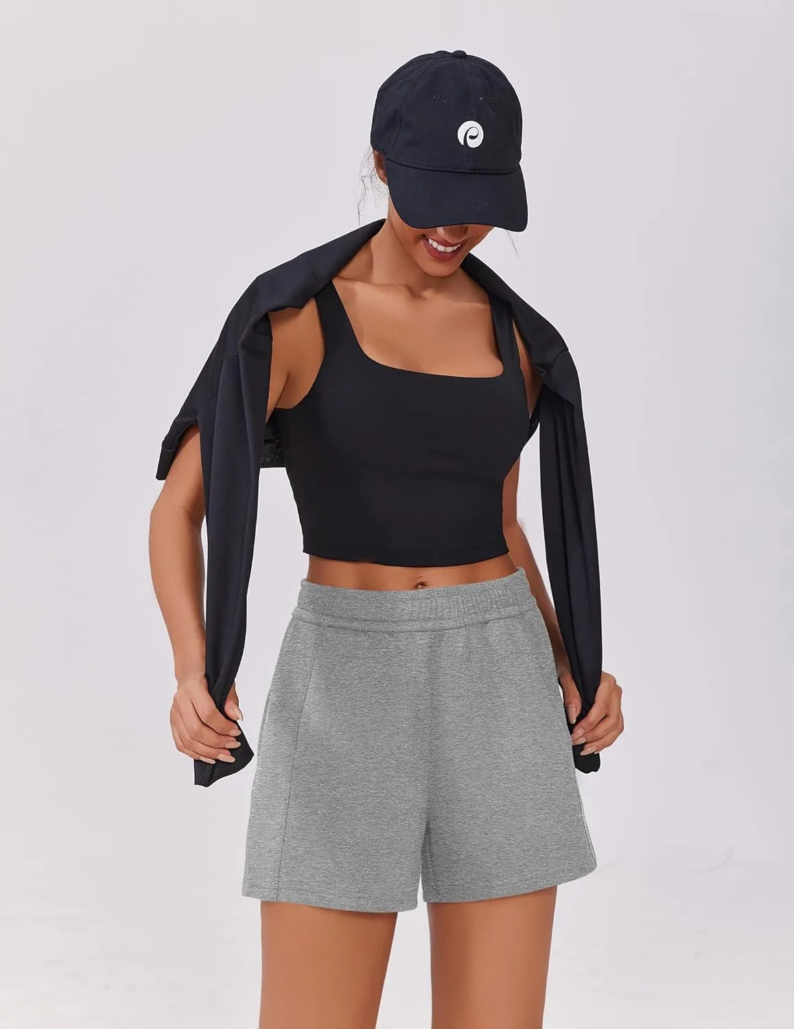 PINSPARK Athletic Sweat Shorts Women Elastic High Waisted Comfy Short Drawstring Casual Lounge Shorts with Pockets