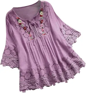 Plus Size Tops for Women 3/4 Sleeve Cotton Linen T-Shirt Dressy Tie V Neck Vintage Crochet Lace Tunic Loose Fit Blouse