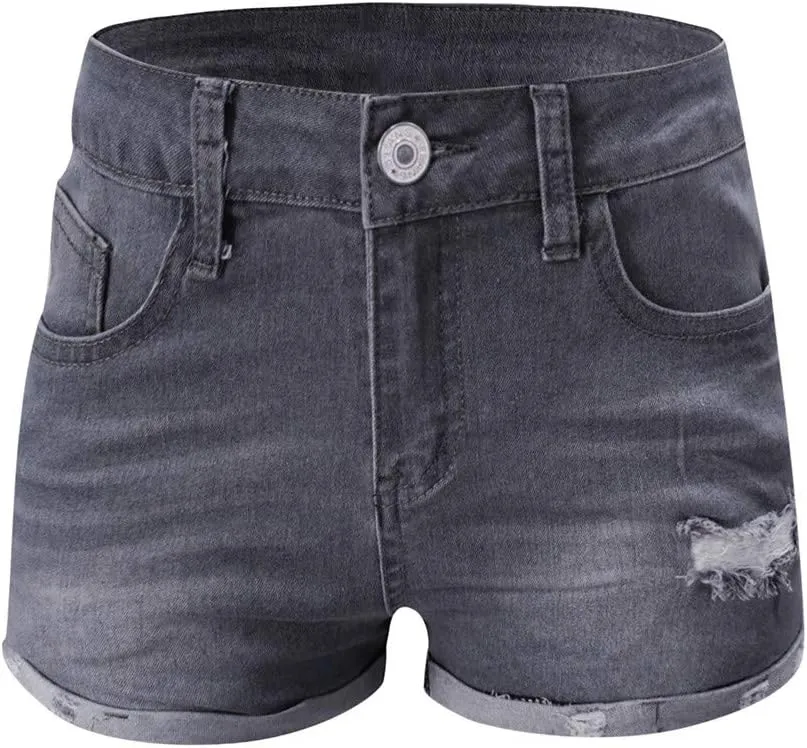 Ripped Denim Shorts for Women High Waisted Stretchable Solid Trendy Boyfriend Jean Shorts Folded Hem Hot Shorts