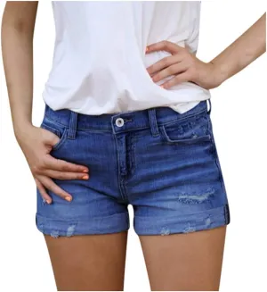Ripped Denim Shorts for Women High Waisted Stretchable Solid Trendy Boyfriend Jean Shorts Folded Hem Hot Shorts