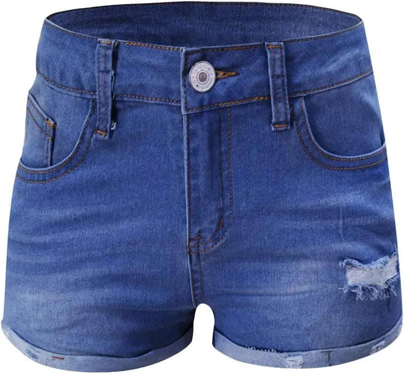 Ripped Denim Shorts for Women High Waisted Stretchable Solid Trendy Boyfriend Jean Shorts Folded Hem Hot Shorts