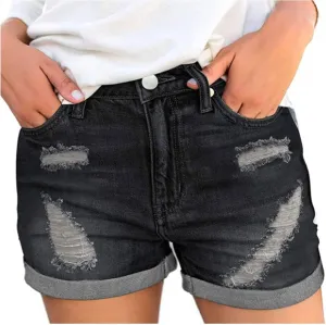 Ripped Denim Shorts for Women Zipper Fringe Short Jeans Stretch Summer Denim Shorts High Waist Half Pants