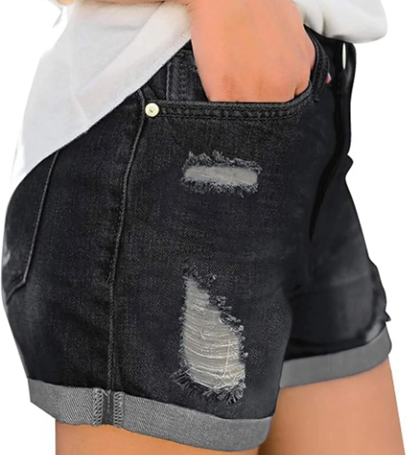 Ripped Denim Shorts for Women Zipper Fringe Short Jeans Stretch Summer Denim Shorts High Waist Half Pants