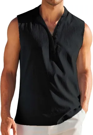 Sleeveless Linen Shirts for Men Casual Summer Comfy Solid Button Down Henley Tank Tops Designer Vocation Beach Shirts