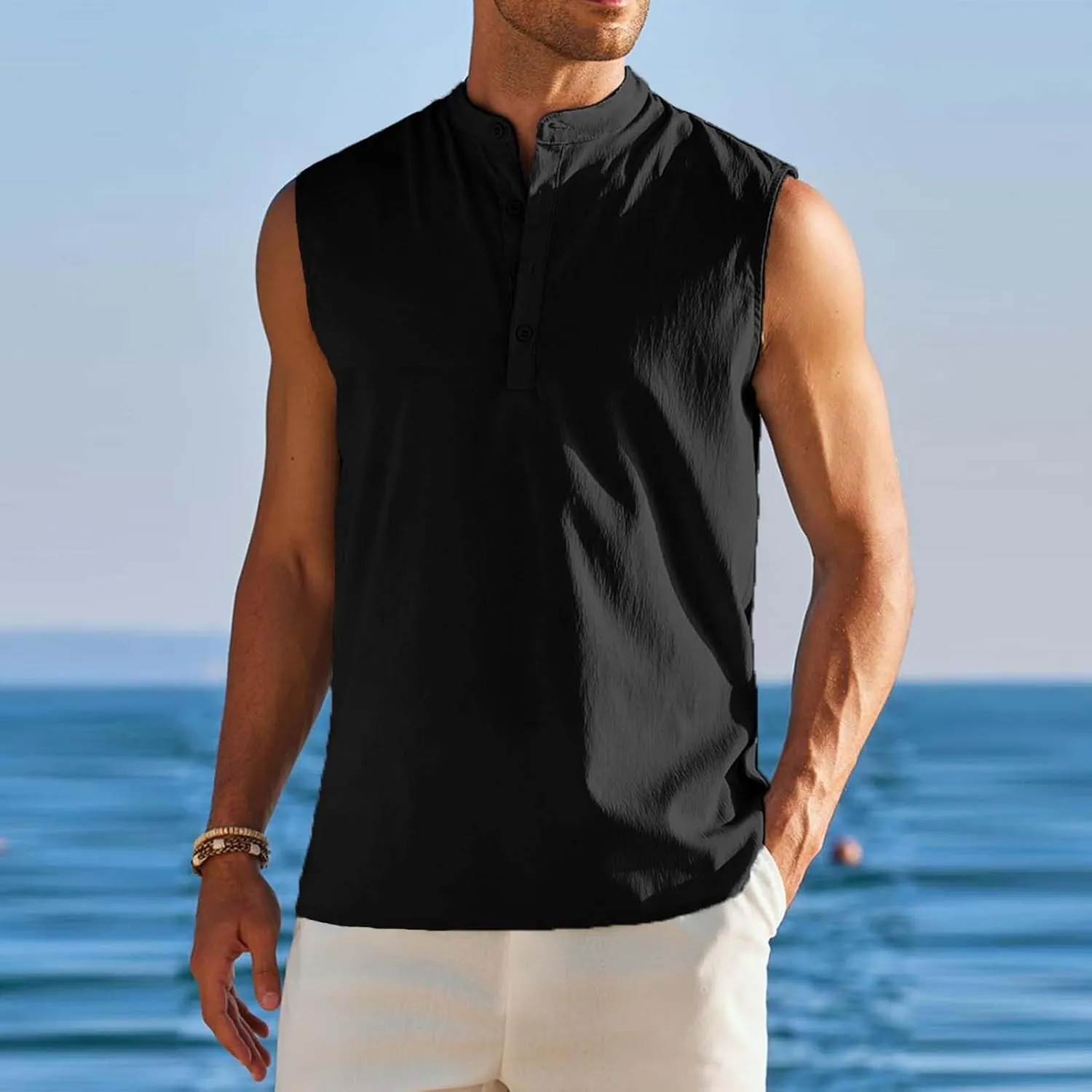 Sleeveless Linen Shirts for Men Casual Summer Comfy Solid Button Down Henley Tank Tops Designer Vocation Beach Shirts