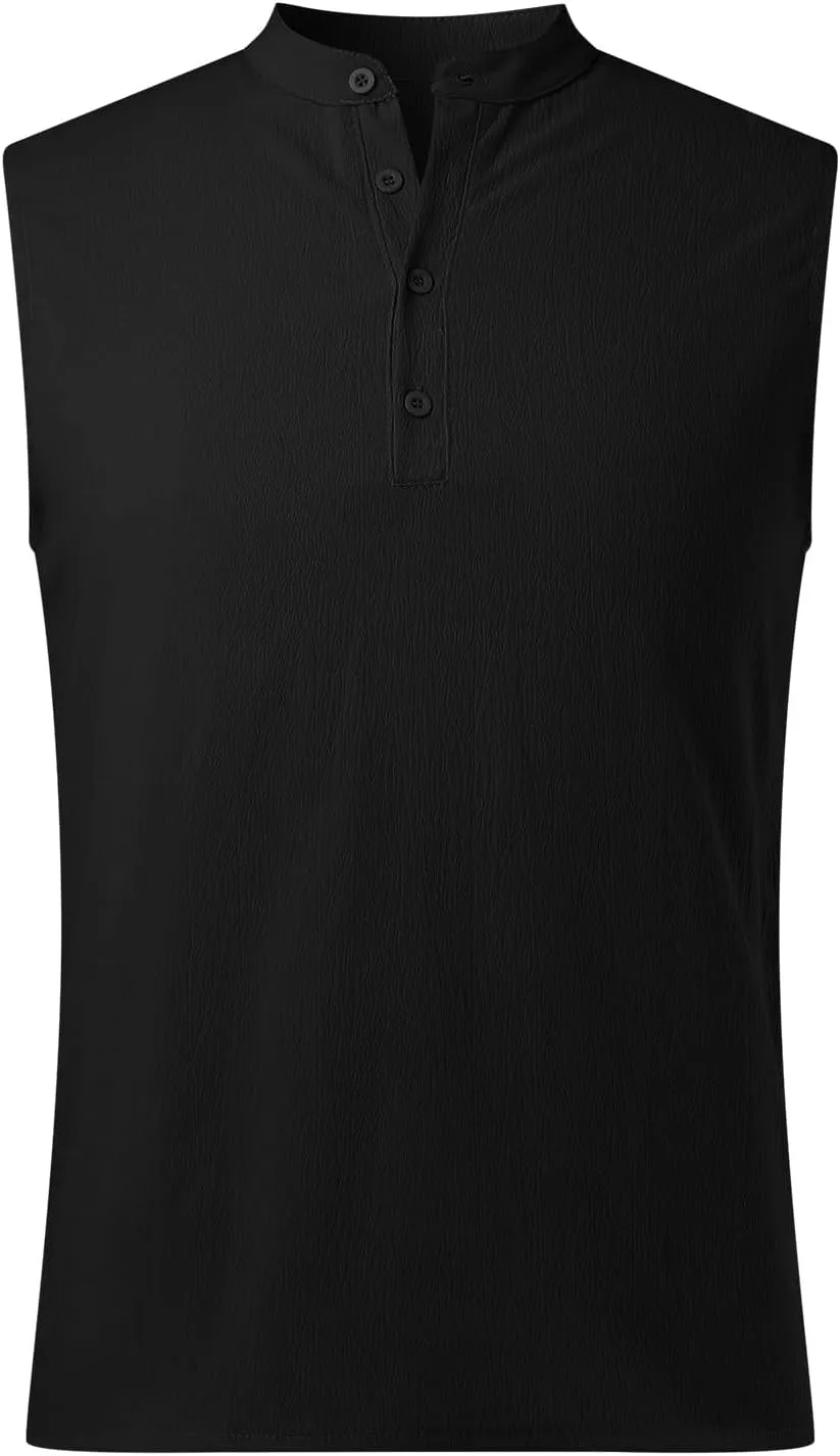 Sleeveless Linen Shirts for Men Casual Summer Comfy Solid Button Down Henley Tank Tops Designer Vocation Beach Shirts
