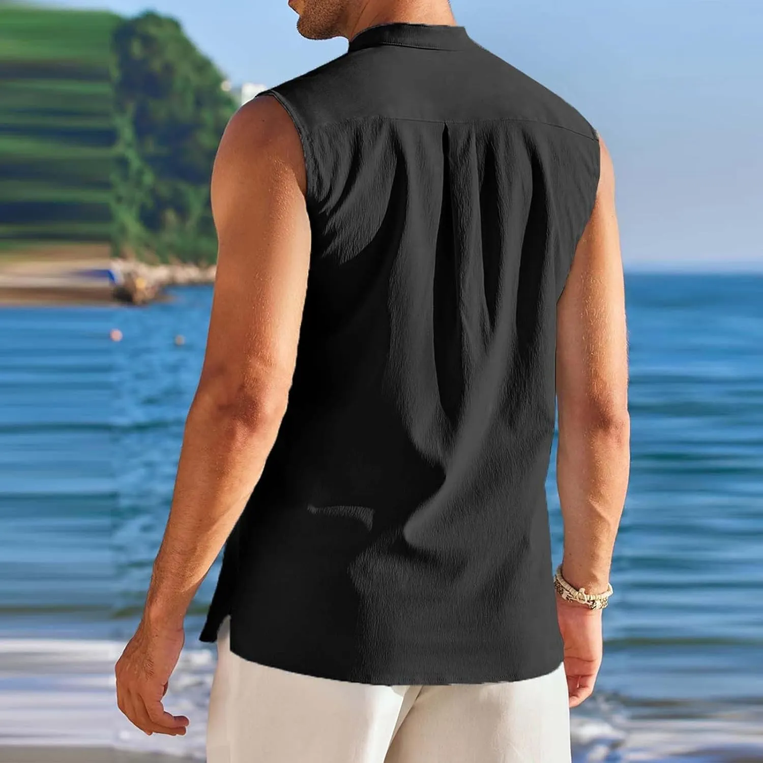 Sleeveless Linen Shirts for Men Casual Summer Comfy Solid Button Down Henley Tank Tops Designer Vocation Beach Shirts
