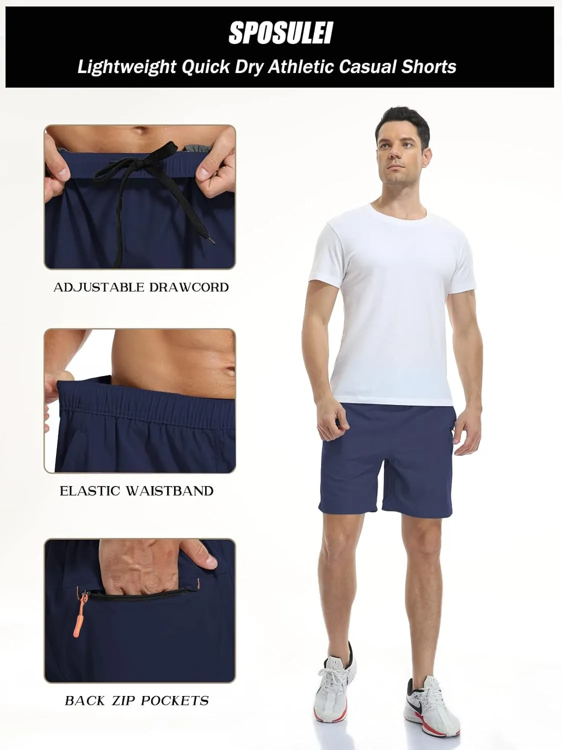 SPOSULEI Men's Athletic Hiking Shorts Water Resistant Quick-Dry Lightweight Outdoor Sweat Shorts with Zipper Pockets