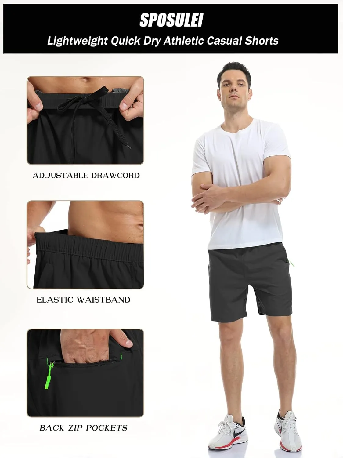 SPOSULEI Men's Athletic Hiking Shorts Water Resistant Quick-Dry Lightweight Outdoor Sweat Shorts with Zipper Pockets